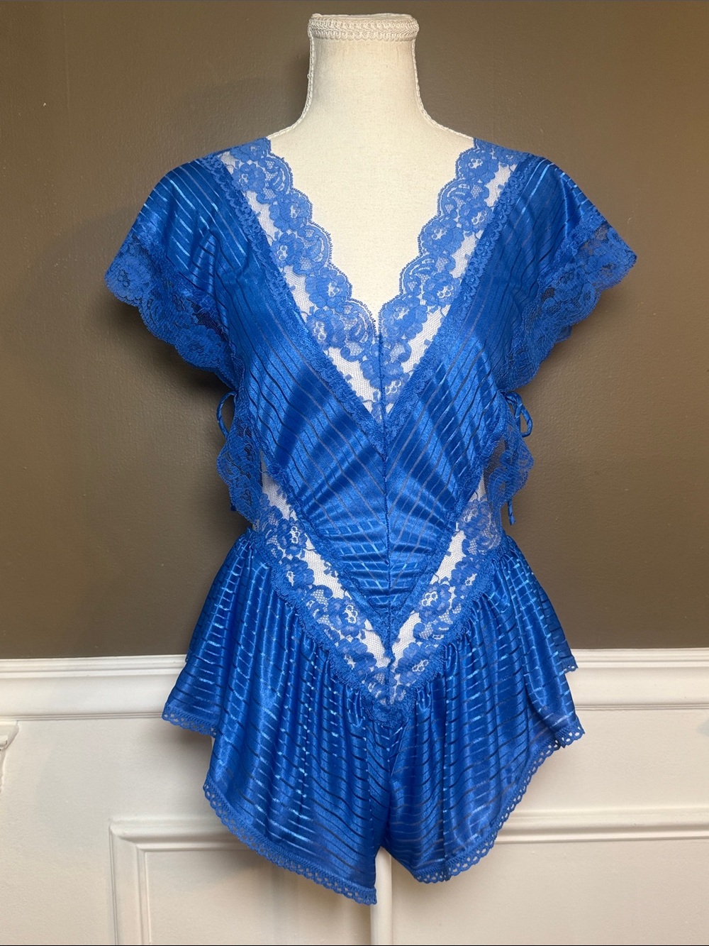 Blue Lace Trim Satin Romper Chemise